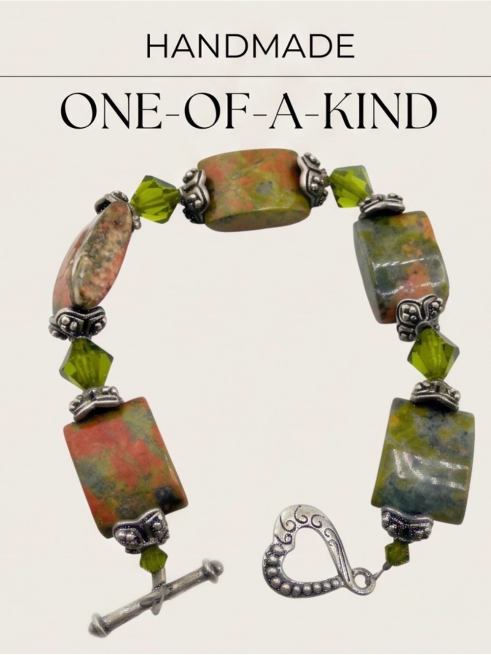 Unakite And Green Crystal
Beaded Bracelet Silver Tone Heart
Toggle Clasp 6-3/4”